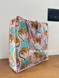 Leopard Cotton Quilted Tote Bag Pink