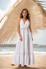 White Schiffli Halter Maxi Dress