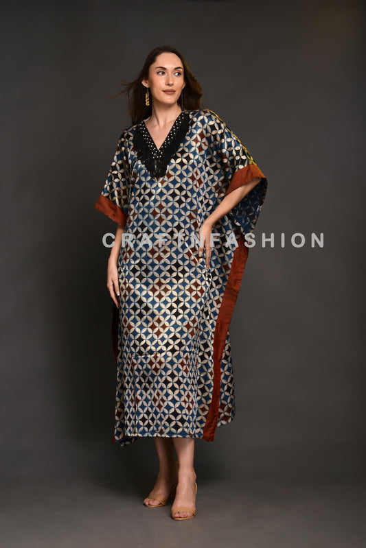 Ajrakh Silk Kaftan Maxi Dress