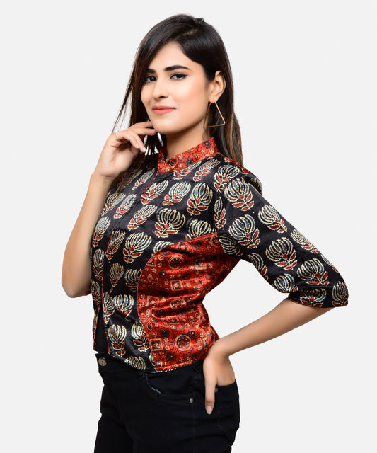 Designer Ajrakh Print Gaji Silk Blouse