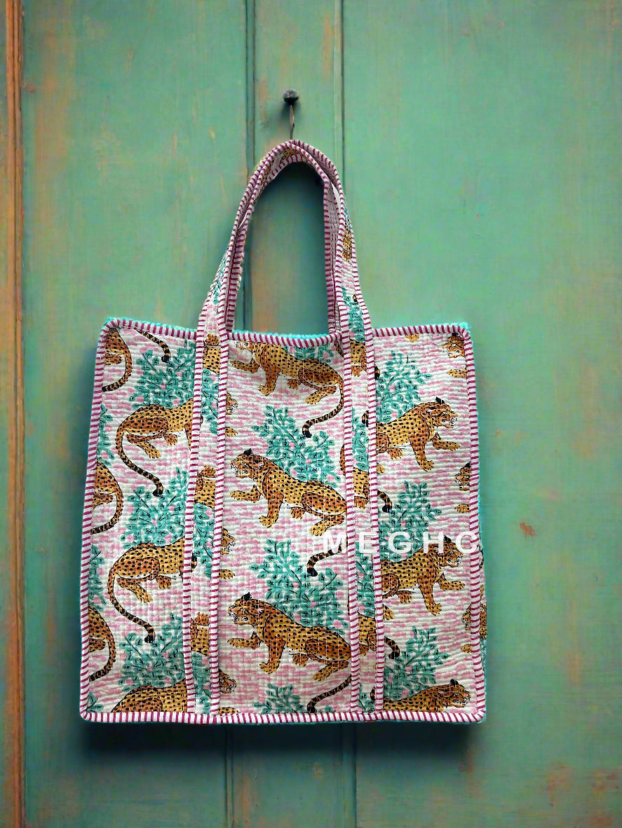 Leopard Cotton Quilted Tote Bag Pink
