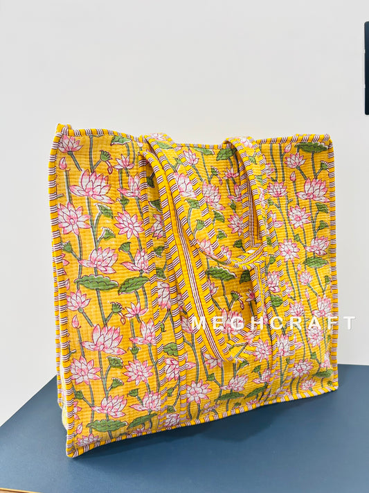 Lotus Print Cotton Quilted Tote Bag