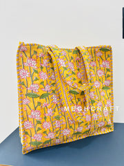 Lotus Print Cotton Quilted Tote Bag