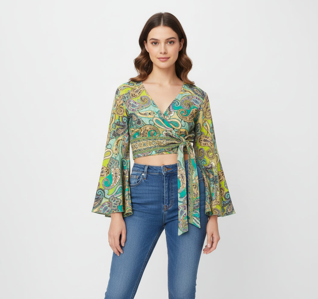 Stylish Silk Bell-Sleeve Tie Top Women