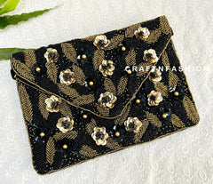 Black Floral Jute Boho Clutch Bag