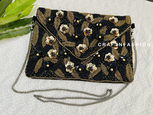 Black Floral Jute Boho Clutch Bag