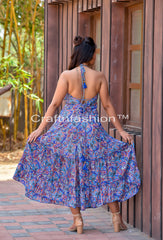 Blue Flowy Silk Halter Dress