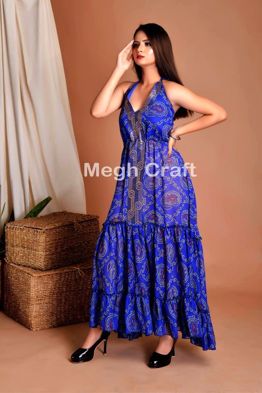 Blue Bandhani Style Halter Dress