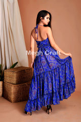 Robe dos nu style Bandhani bleue