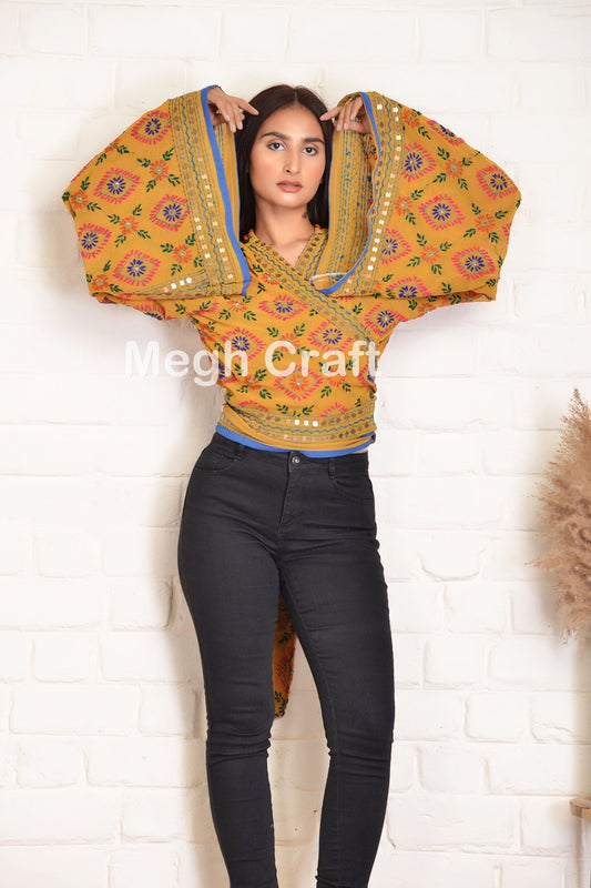 Embroidery Bell Sleeve Tie Top