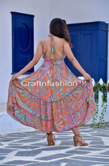 Robe longue en soie multicolore à imprimé cachemire