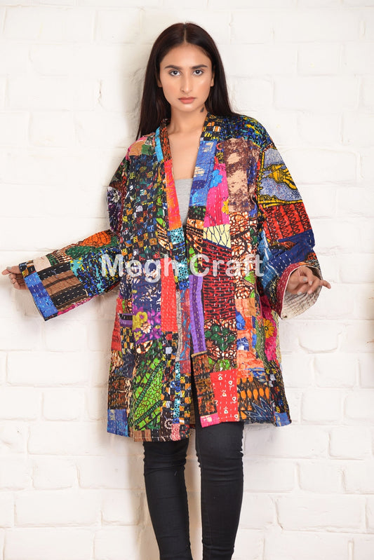 Kimono court imprimé patchwork Kantha