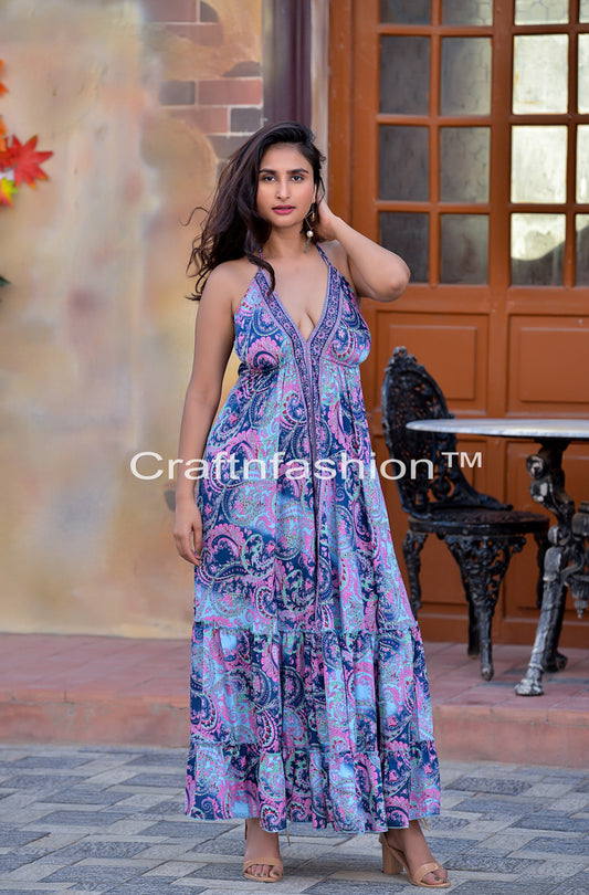 Vector Print Silk Maxi Dress