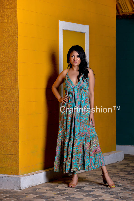 Aqua Paisley Silk Maxi Dress