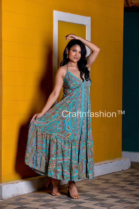 Aqua Paisley Silk Maxi Dress