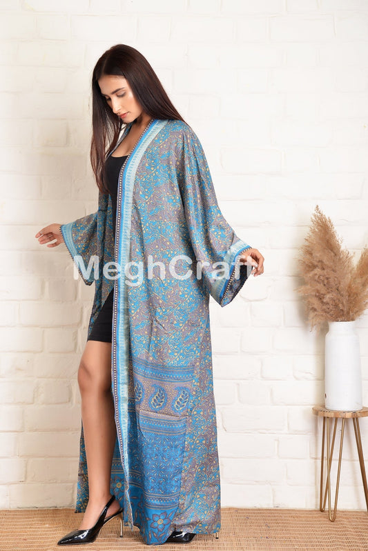 Blue Printed Crepe Silk Kimono