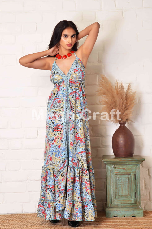 Vestido largo de seda boho azul cielo