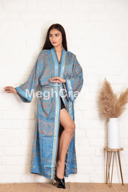 Blue Printed Crepe Silk Kimono