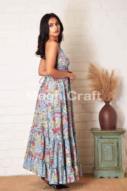 Vestido largo de seda boho azul cielo