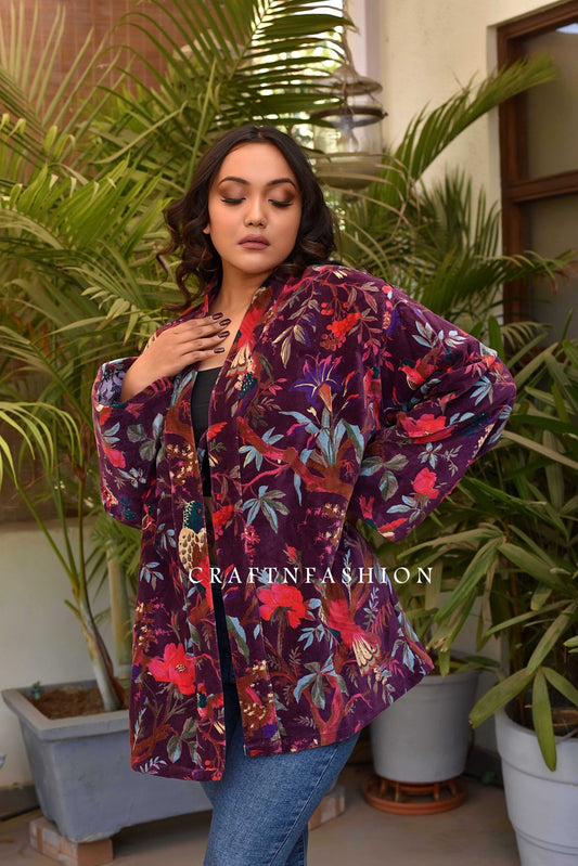 Chaqueta Valvet con estampado de pájaros florales bohemios