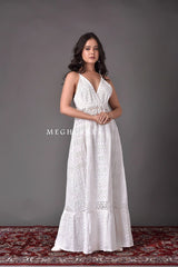 White Schiffli Halter Maxi Dress