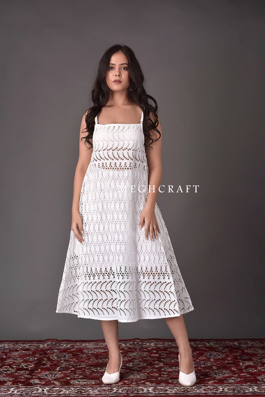 White Spaghetti Style Schiffli  Dress