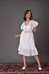 Robe mi-longue Schiffli blanche