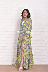 Floral Bell Sleeve Silk Wrap Dress