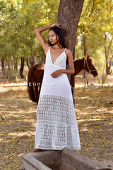 Robe longue blanche smockée Schiffli