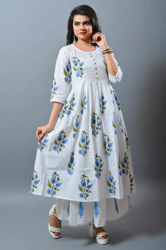 Hand Blocked Long White Kurti