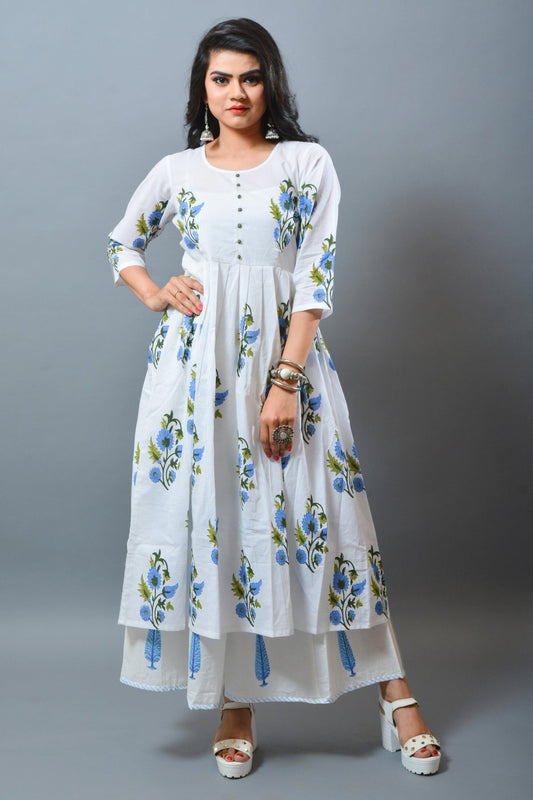 Hand Blocked Long White Kurti