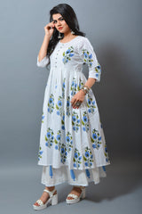 Hand Blocked Long White Kurti