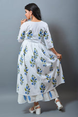 Hand Blocked Long White Kurti