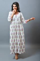 White Block Printed  Flared Kurti