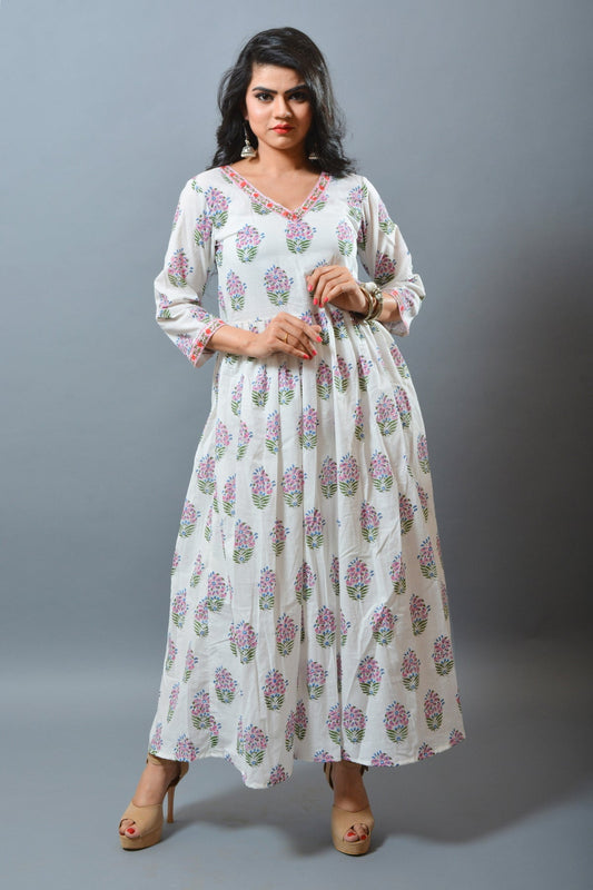 White Block Printed  Flared Kurti