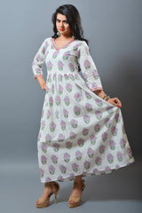 White Block Printed  Flared Kurti