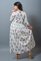 White Block Printed  Flared Kurti